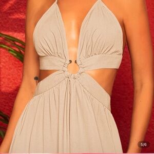 Ring Linked CrissCross Tie Backless M-Slit Hem Dress Apricot